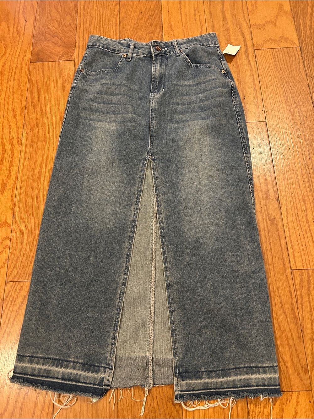 Denim Maxi Skirt with Center Front Slit - Blue